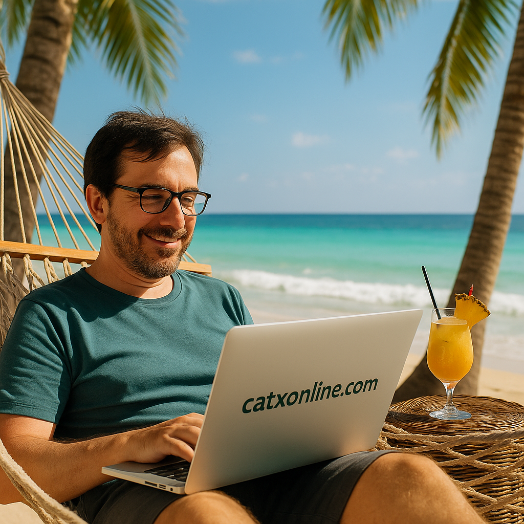 freelance practicando slow-lancing en verano desde una hamaca tropical